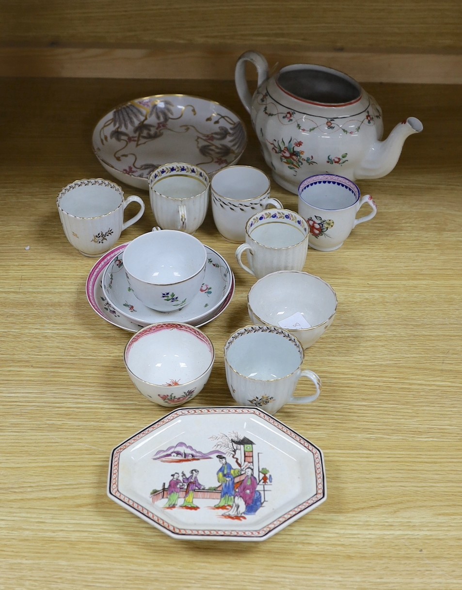 A Newhall saucer dish painted with pattern 85, octagonal Newhall-type spoon tray, clip-handled coffee cup painted with flowers, two ridge handled coffee cups, New Hall pattern 430 coffee cup, Newhall teapot and eight oth